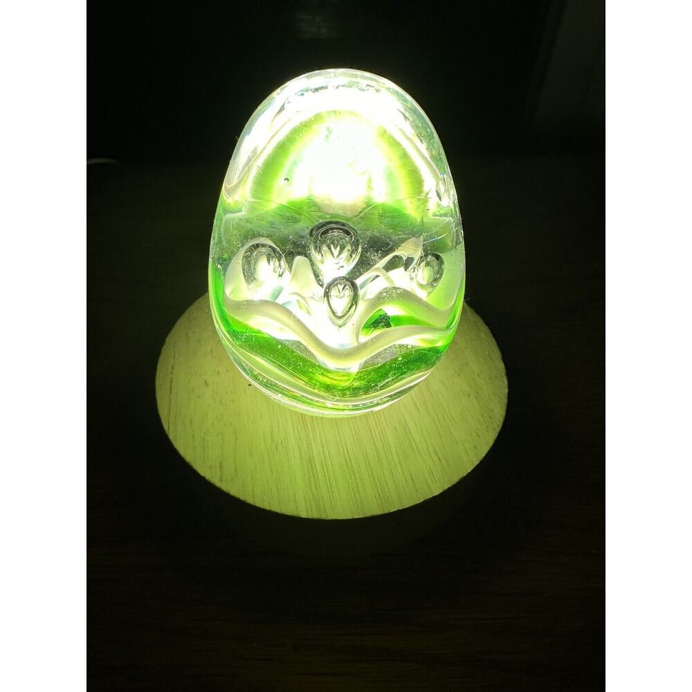 Vintage St Clair Green & White Ribbon Glass Egg Paper Weight
